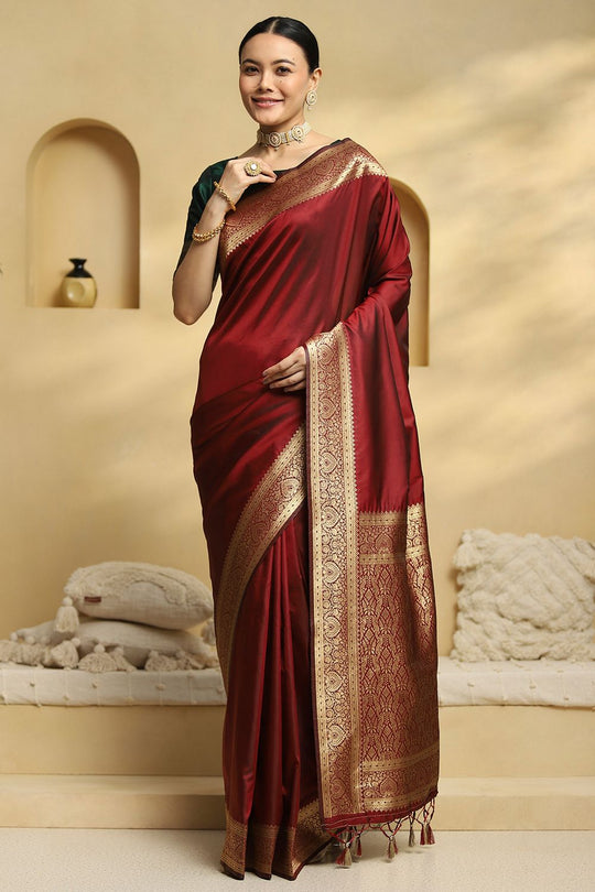 Soya Maroon Soft Silk Saree with Woven Design Ready To Wear One Minute Saree