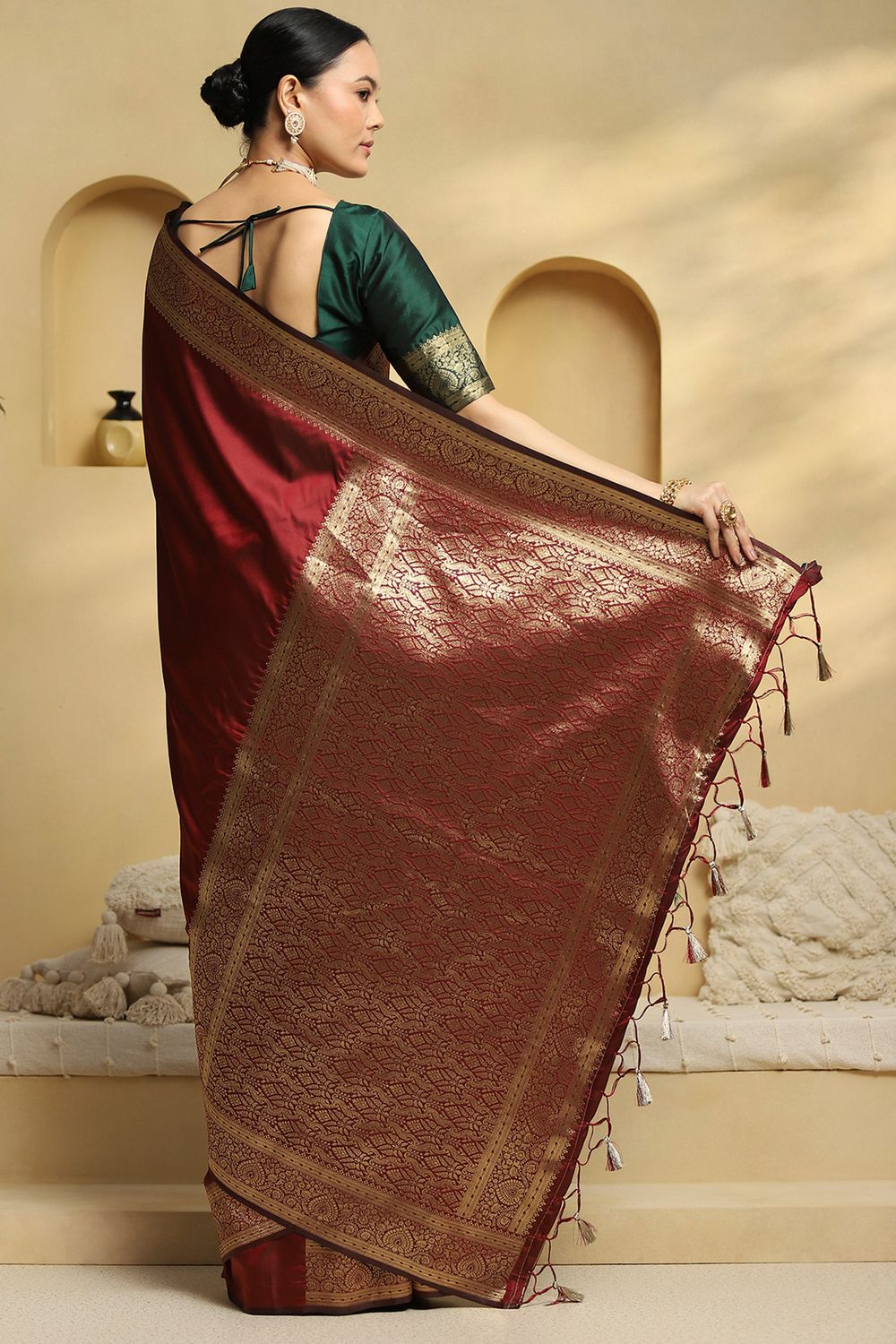 Soya Maroon Soft Silk Saree with Woven Design Ready To Wear One Minute Saree