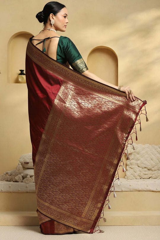 Soya Maroon Soft Silk Saree with Woven Design Ready To Wear One Minute Saree