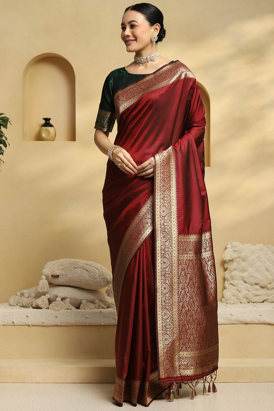 Soya Maroon Soft Silk Saree with Woven Design Ready To Wear One Minute Saree