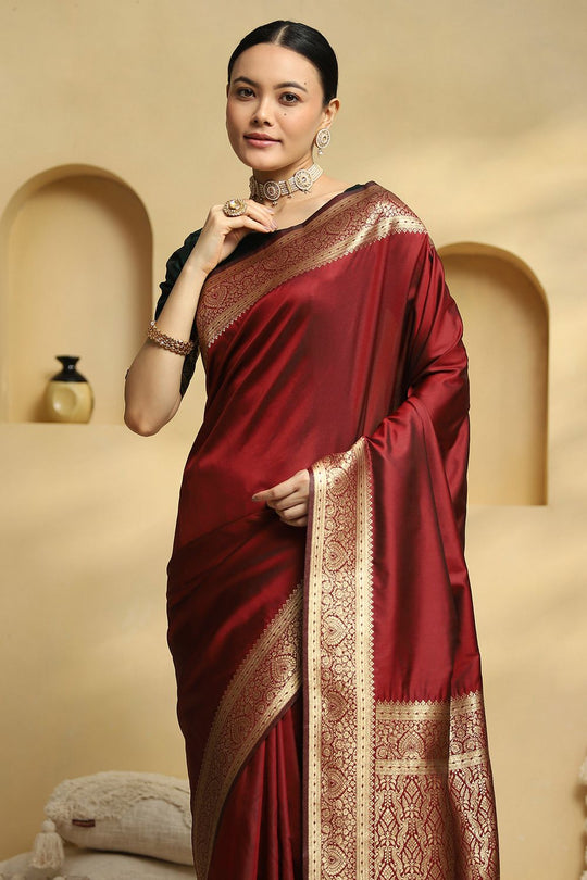 Soya Maroon Soft Silk Saree with Woven Design Ready To Wear One Minute Saree