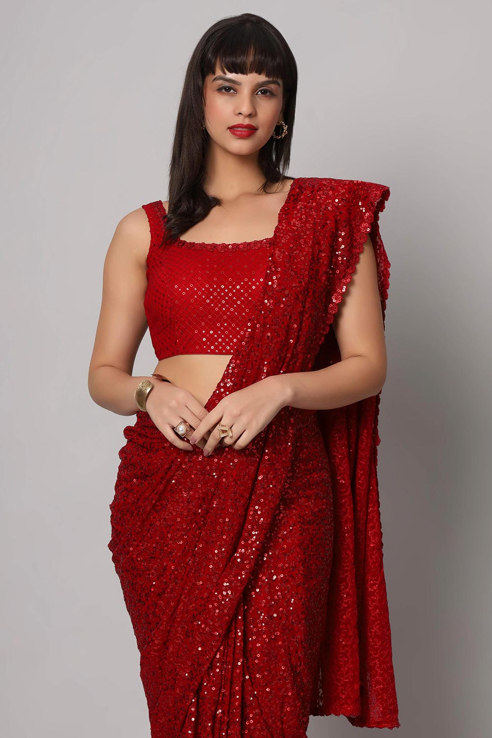 Radia Red Faux Georgette Sequins with Embroidery Ready to Wear One Minute Saree