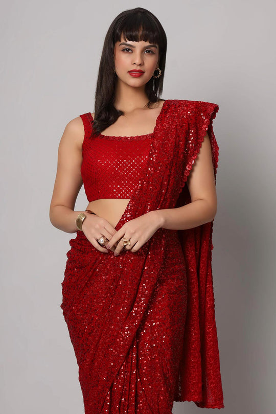 Radia Red Faux Georgette Sequins with Embroidery Ready to Wear One Minute Saree