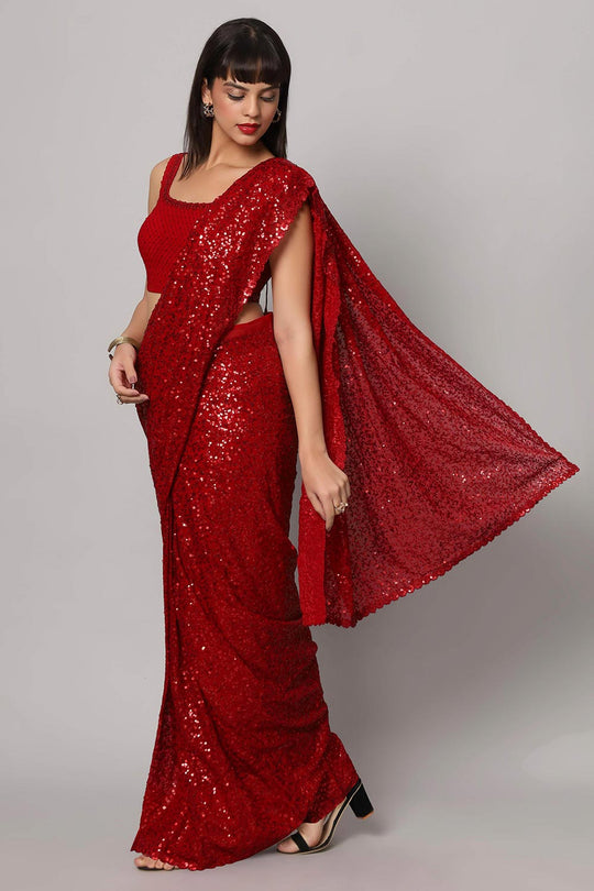 Radia Red Faux Georgette Sequins with Embroidery Ready to Wear One Minute Saree