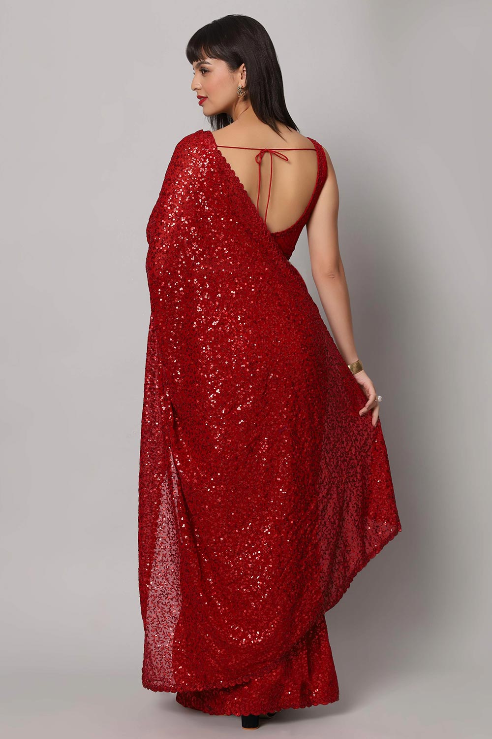 Radia Red Faux Georgette Sequins with Embroidery Ready to Wear One Minute Saree