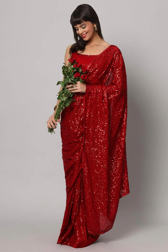Radia Red Faux Georgette Sequins with Embroidery Ready to Wear One Minute Saree