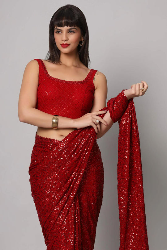 Radia Red Faux Georgette Sequins with Embroidery Ready to Wear One Minute Saree