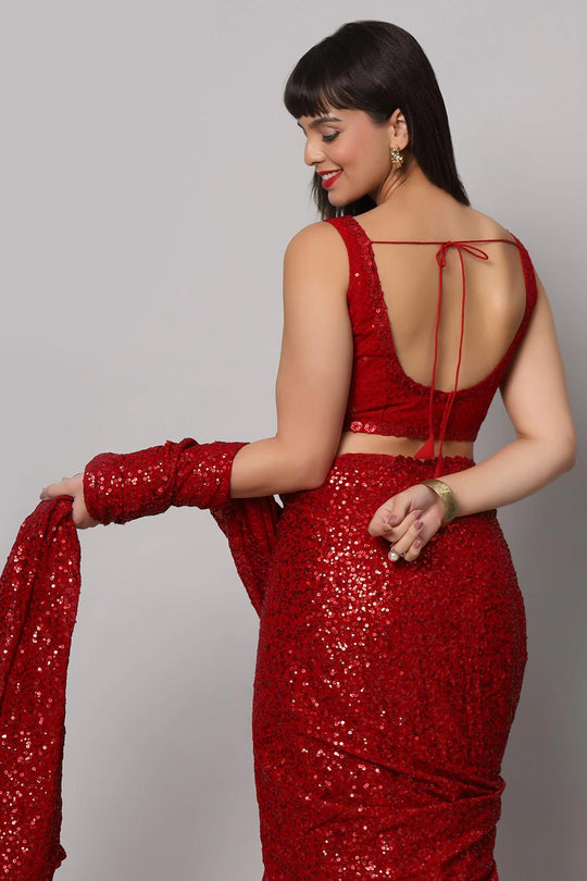 Radia Red Faux Georgette Sequins with Embroidery Ready to Wear One Minute Saree