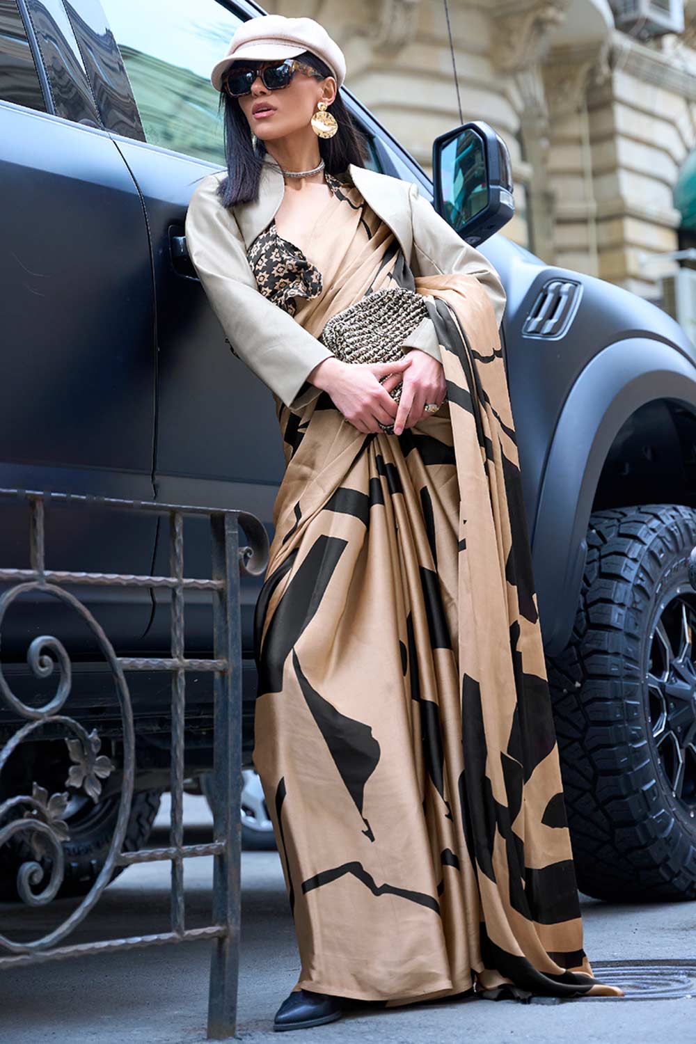 Candice Brown Satin Printed Ready2Ship One Minute Saree