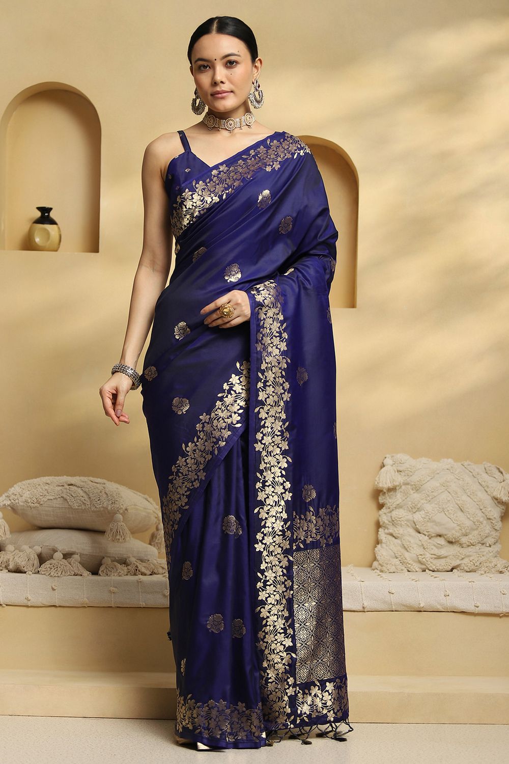 Daphne Navy Blue Soft Silk Saree with Ethnic Motif Woven Design Ready To Wear One Minute Saree