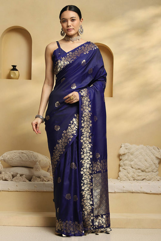 Daphne Navy Blue Soft Silk Saree with Ethnic Motif Woven Design Ready To Wear One Minute Saree