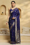 Daphne Navy Blue Soft Silk Saree with Ethnic Motif Woven Design Ready To Wear One Minute Saree