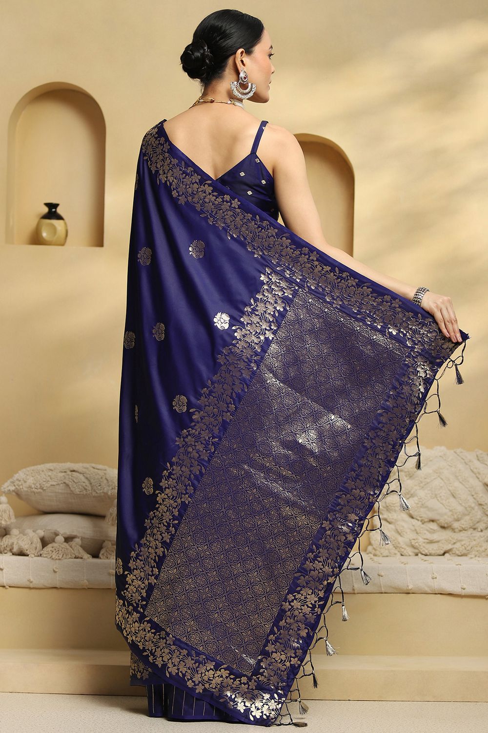 Daphne Navy Blue Soft Silk Saree with Ethnic Motif Woven Design Ready To Wear One Minute Saree