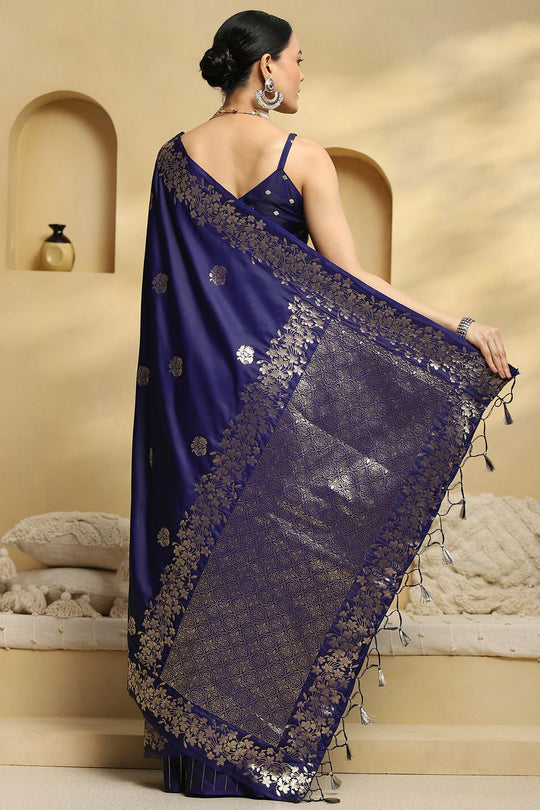 Daphne Navy Blue Soft Silk Saree with Ethnic Motif Woven Design Ready To Wear One Minute Saree