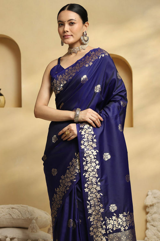 Daphne Navy Blue Soft Silk Saree with Ethnic Motif Woven Design Ready To Wear One Minute Saree