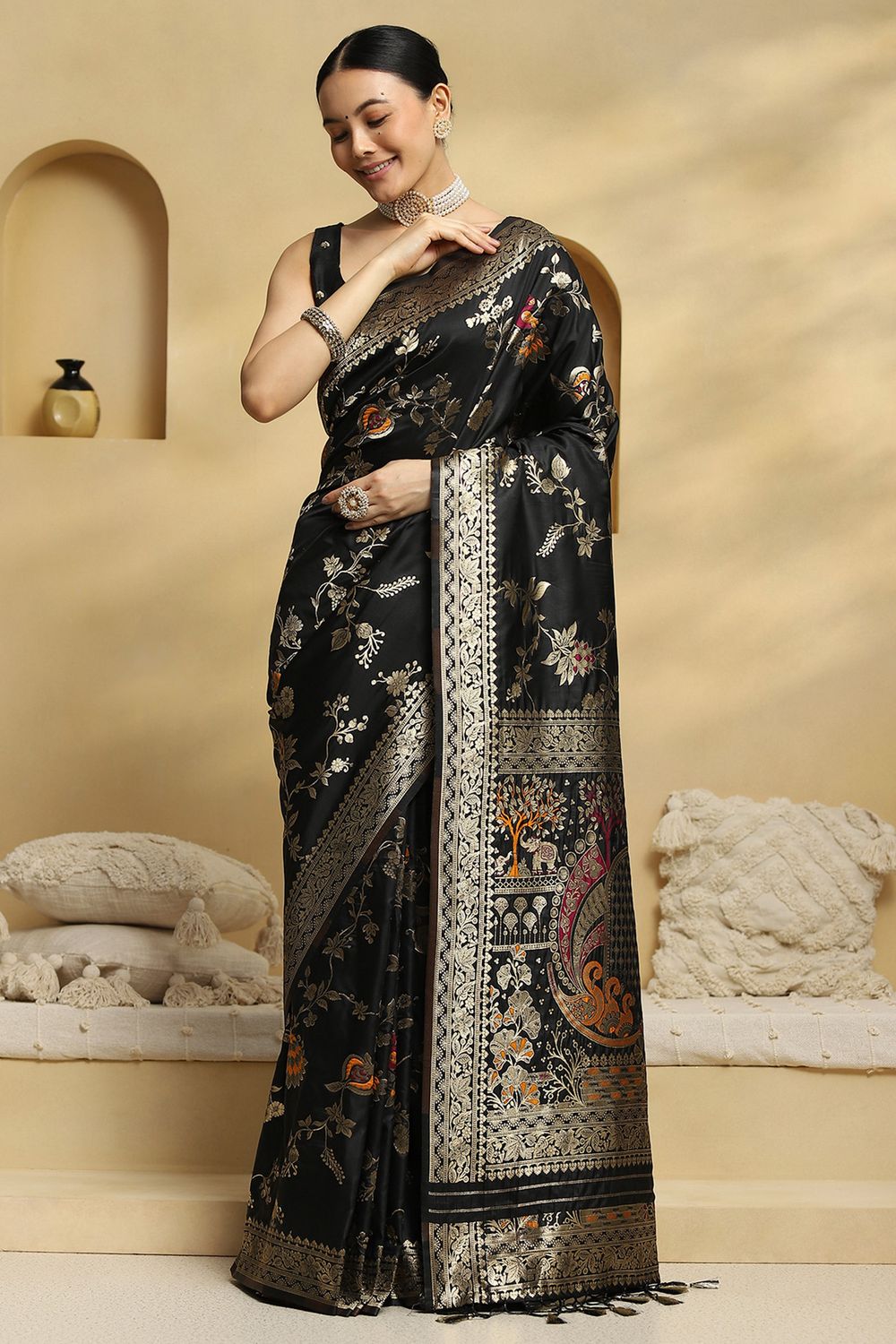 Daphne Black Soft Silk Saree with Ethnic Motif Woven Design Ready To Wear One Minute Saree