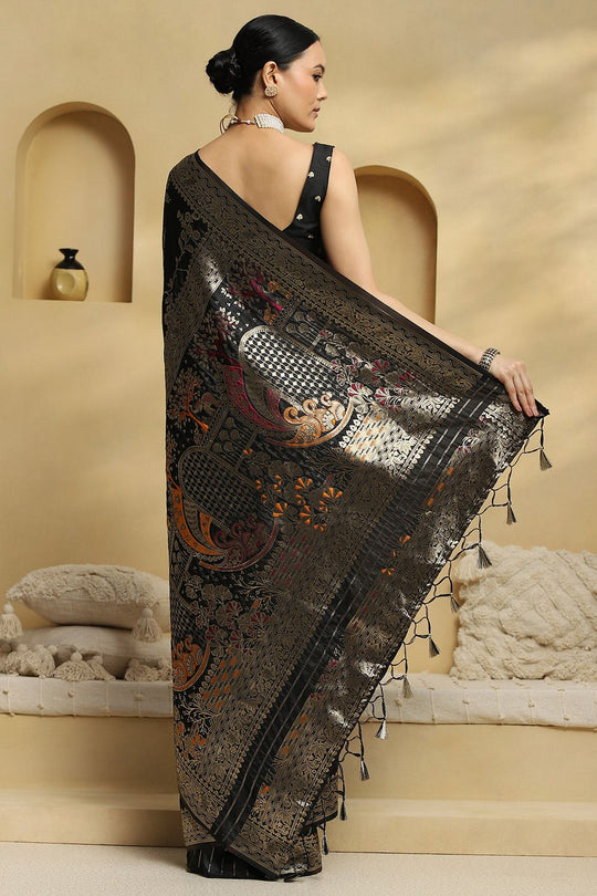 Daphne Black Soft Silk Saree with Ethnic Motif Woven Design Ready To Wear One Minute Saree