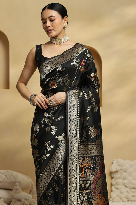 Daphne Black Soft Silk Saree with Ethnic Motif Woven Design Ready To Wear One Minute Saree