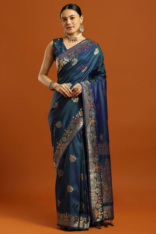 Daphne Teal Blue Soft Silk Saree with Ethnic Motif Woven Design Ready To Wear One Minute Saree