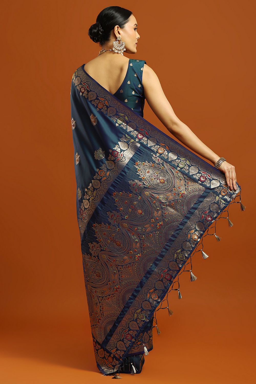 Daphne Teal Blue Soft Silk Saree with Ethnic Motif Woven Design Ready To Wear One Minute Saree