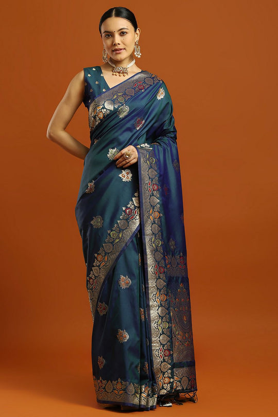 Daphne Teal Blue Soft Silk Saree with Ethnic Motif Woven Design Ready To Wear One Minute Saree