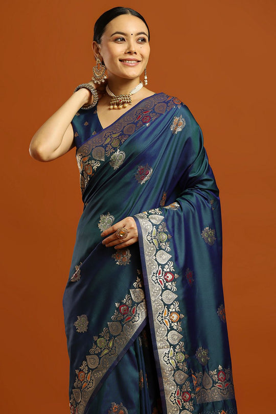 Daphne Teal Blue Soft Silk Saree with Ethnic Motif Woven Design Ready To Wear One Minute Saree