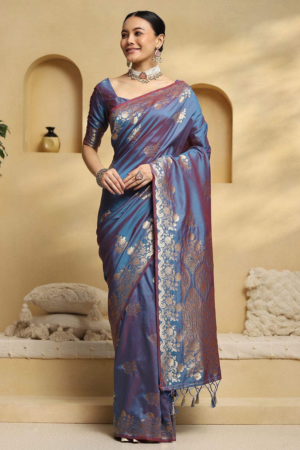 Remi Pastel Blue Soft Silk Saree with Ethnic Motif Woven Design Ready To Wear One Minute Saree