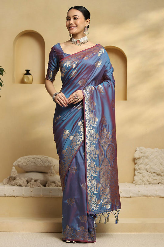 Remi Pastel Blue Soft Silk Saree with Ethnic Motif Woven Design Ready To Wear One Minute Saree