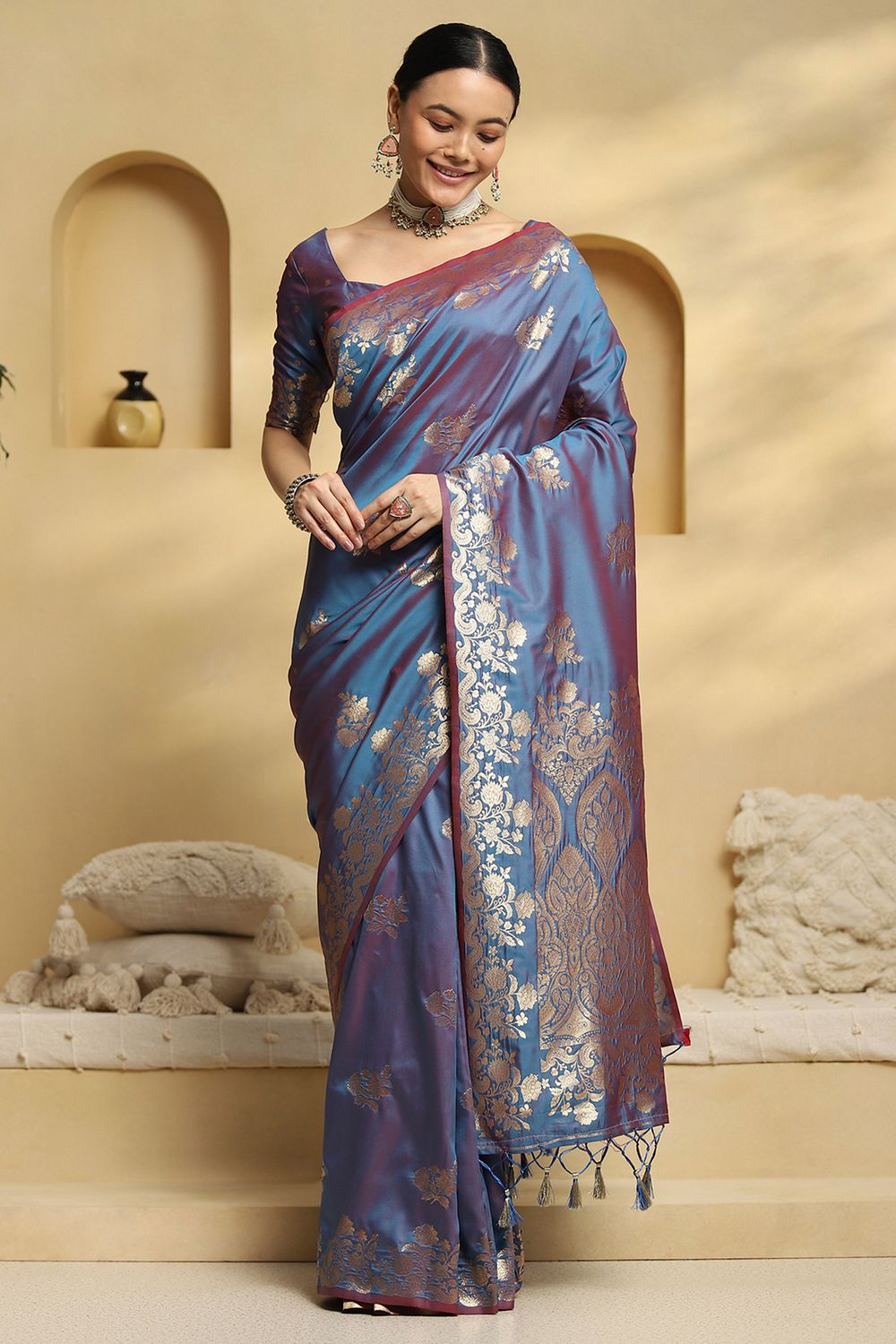 Remi Pastel Blue Soft Silk Saree with Ethnic Motif Woven Design Ready To Wear One Minute Saree