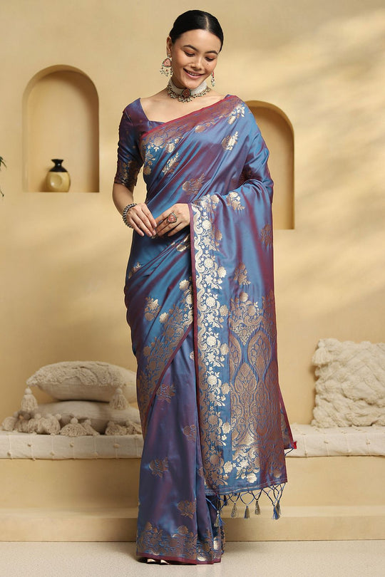Remi Pastel Blue Soft Silk Saree with Ethnic Motif Woven Design Ready To Wear One Minute Saree