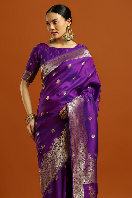Remi Royal Purple Soft Silk Saree with Ethnic Motif Woven Design Ready To Wear One Minute Saree