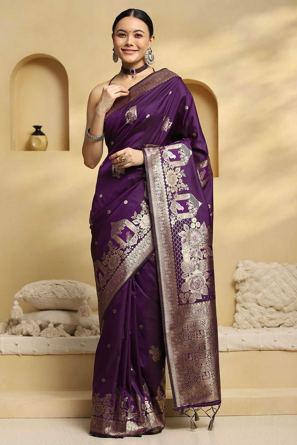 Remi Wine Purple Soft Silk Saree with Ethnic Motif Woven Design Ready To Wear One Minute Saree