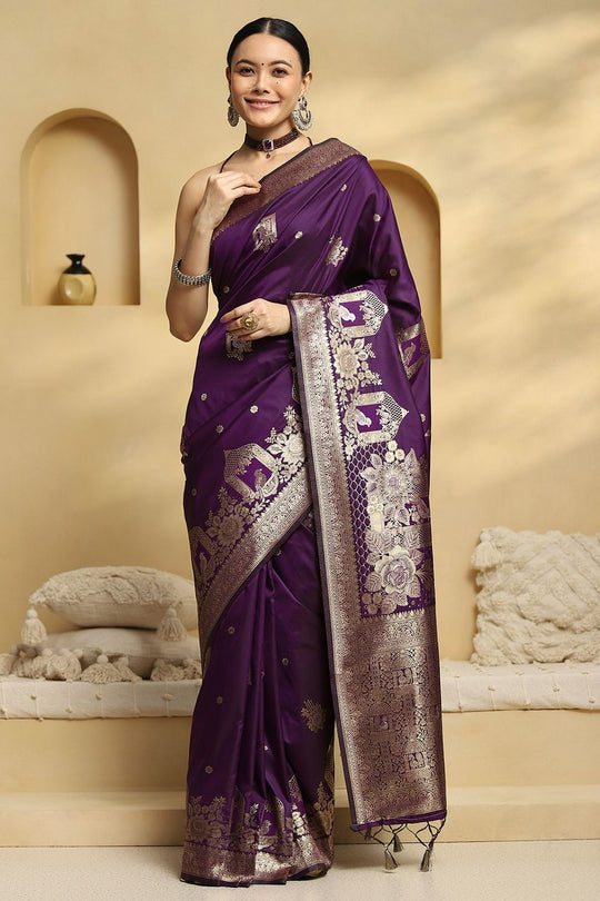 Remi Wine Purple Soft Silk Saree with Ethnic Motif Woven Design Ready To Wear One Minute Saree