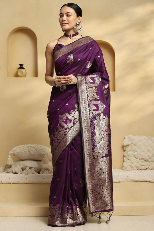 Remi Wine Purple Soft Silk Saree with Ethnic Motif Woven Design Ready To Wear One Minute Saree