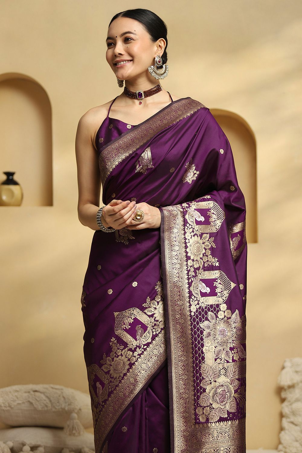 Remi Wine Purple Soft Silk Saree with Ethnic Motif Woven Design Ready To Wear One Minute Saree