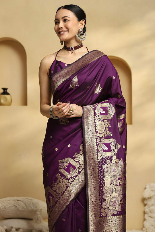 Remi Wine Purple Soft Silk Saree with Ethnic Motif Woven Design Ready To Wear One Minute Saree