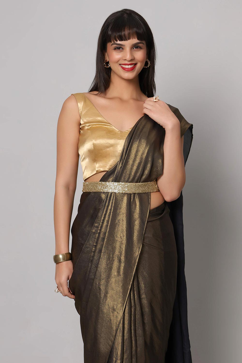 Meera Dark Grey & Gold Crepe Silk Embroidered Ready to Wear One Minute Saree