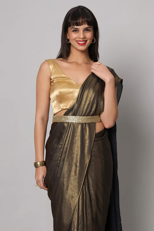 Meera Dark Grey & Gold Crepe Silk Embroidered Ready to Wear One Minute Saree