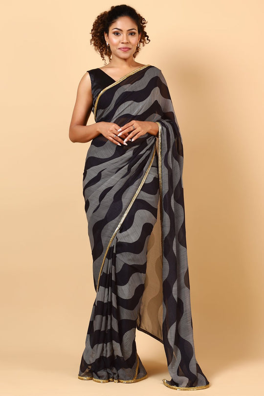 Tanisha Black & Off-White Embellished Border With Geometric Print One Minute Saree