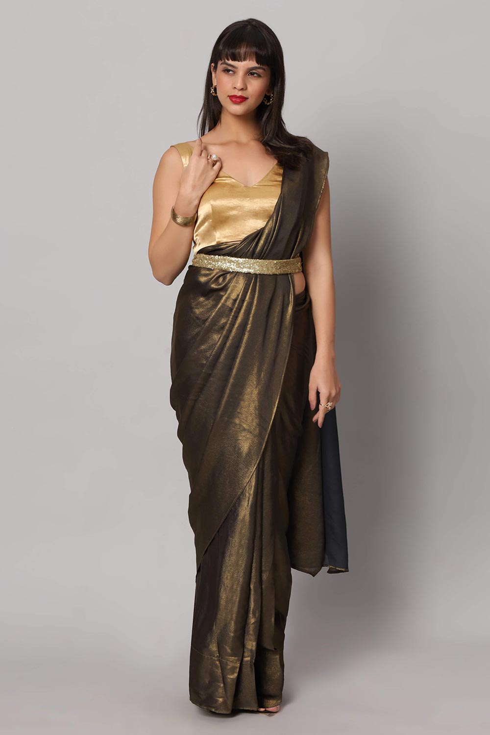 Meera Dark Grey & Gold Crepe Silk Embroidered Ready to Wear One Minute Saree