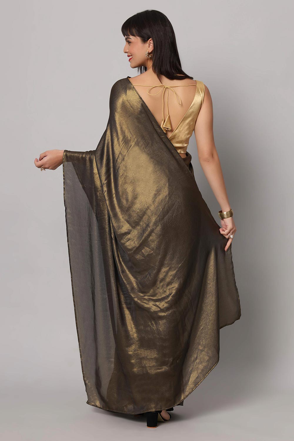 Meera Dark Grey & Gold Crepe Silk Embroidered Ready to Wear One Minute Saree