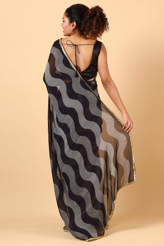 Tanisha Black & Off-White Embellished Border With Geometric Print One Minute Saree