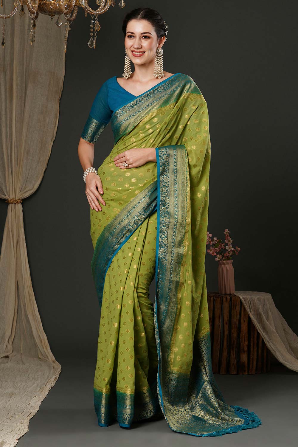 Alekha Lime Green & Turquoise Georgette Printed One Minute Saree