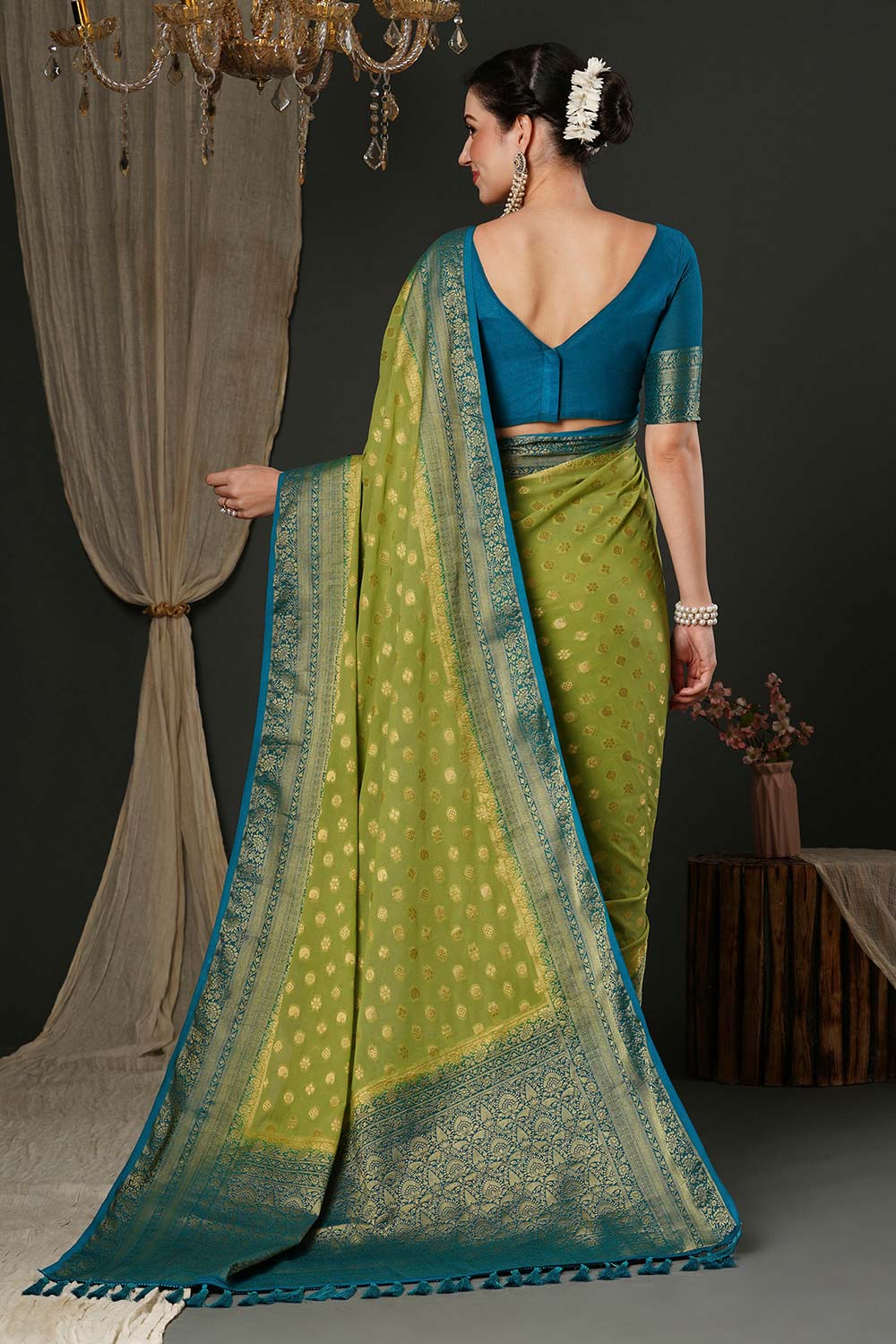 Alekha Lime Green & Turquoise Georgette Printed One Minute Saree