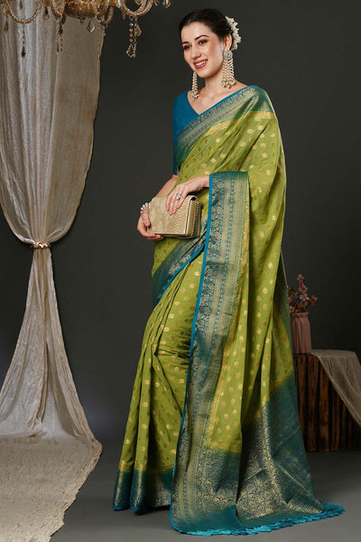 Alekha Lime Green & Turquoise Georgette Printed One Minute Saree