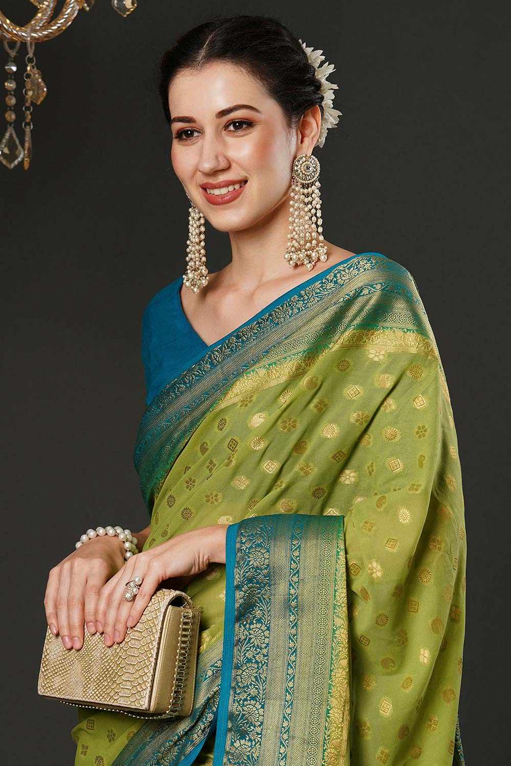 Alekha Lime Green & Turquoise Georgette Printed One Minute Saree