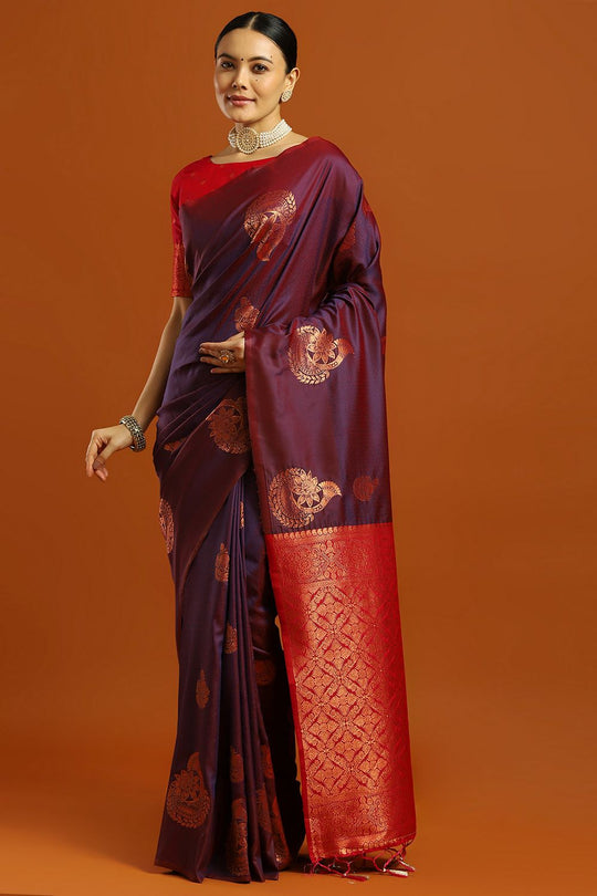 Indu Wine Purple Soft Silk Woven Design Ready To Wear One Minute Saree