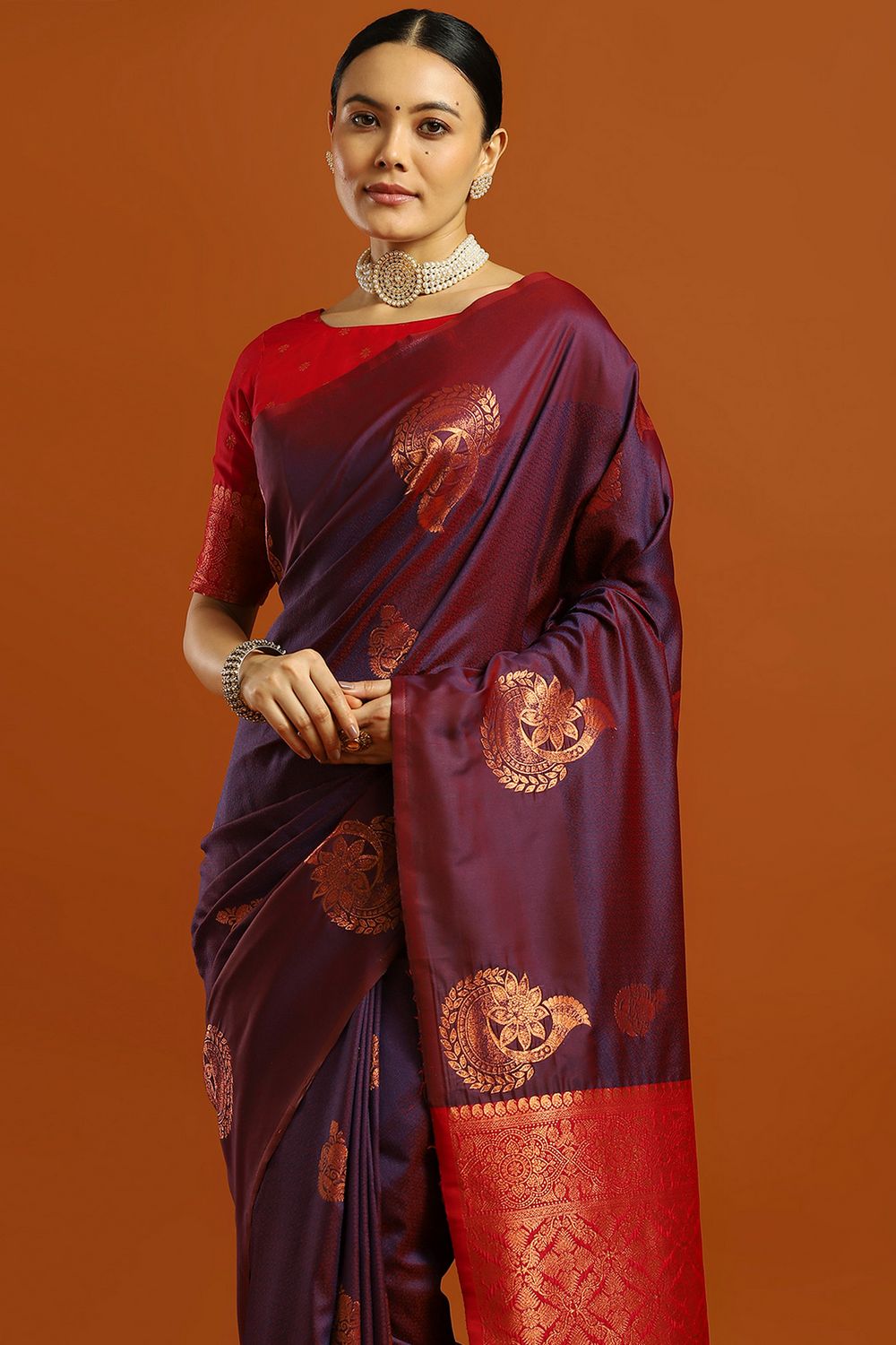 Indu Wine Purple Soft Silk Woven Design Ready To Wear One Minute Saree
