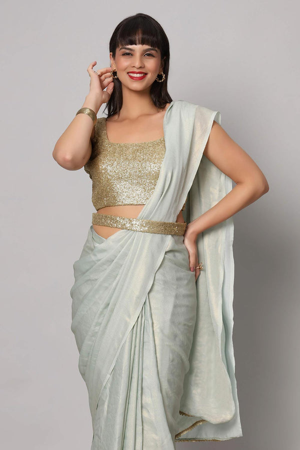 Meera Sea Blue & Gold Shimmer Georgette One Minute Saree