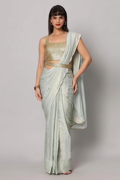 Meera Sea Blue & Gold Shimmer Georgette One Minute Saree